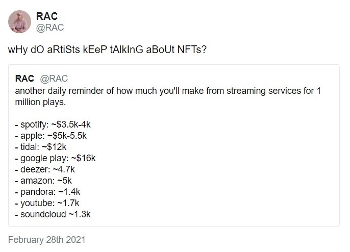 Waarom zijn NFT's zo geweldig voor artiesten? Omdat streaming services het leeuwendeel van de winst behouden.